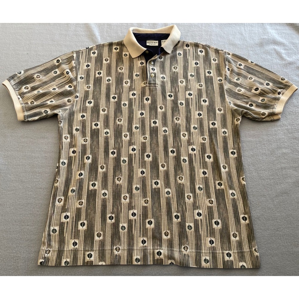 Bugle Boy Original Mens Medium Polo Shirt Geometric Abstract Print Short Sleeve